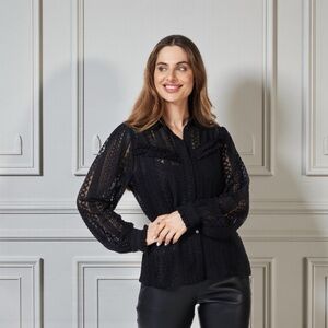 ESQUALO, Black Lace Button-Up Blouse, Stretch, Size US 12